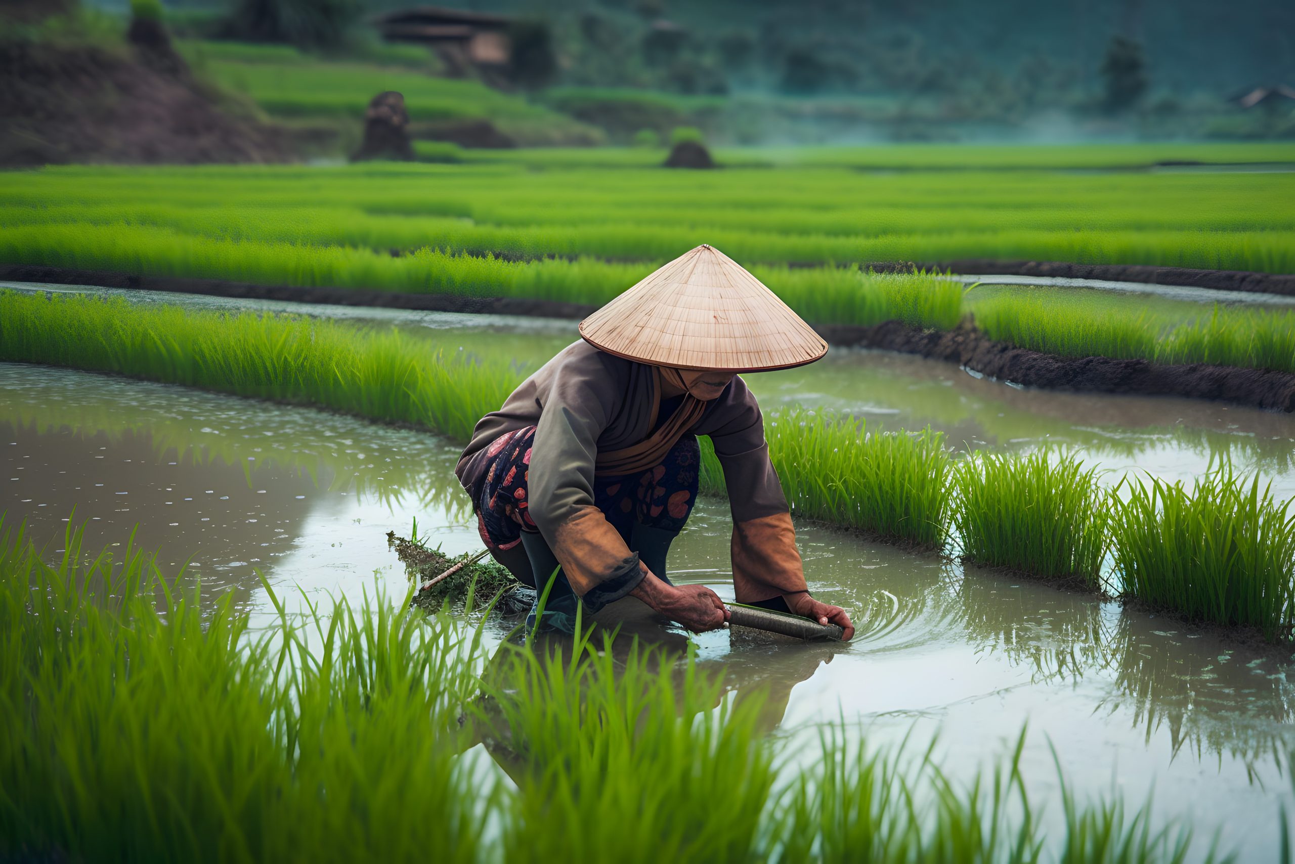 Terraced ricefield in water season. Local workers rural farmers planting rice seedlings on a plantation. Generative AI
