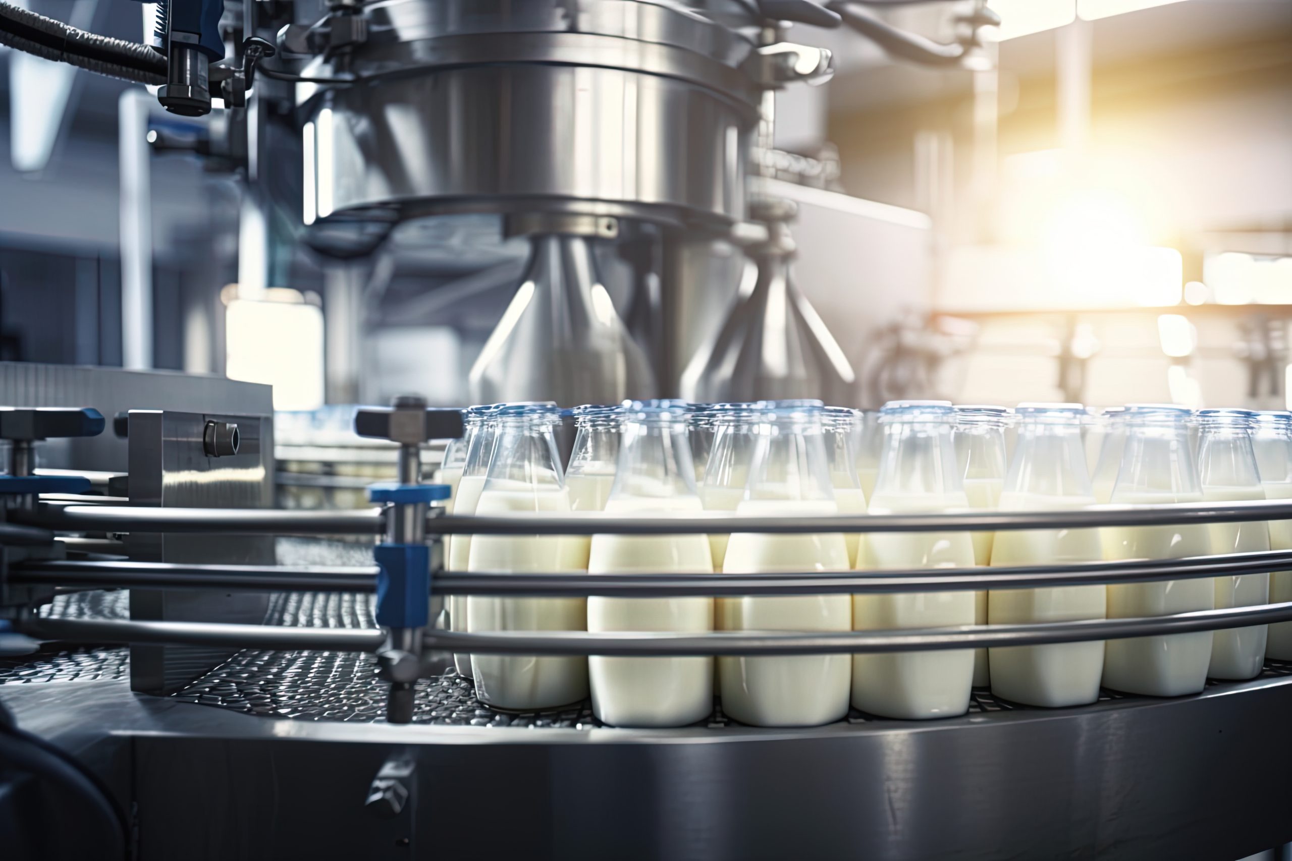 Bottling line of milk in bottles. Modern dairy production plant. Industrial banner background. Generative AI.