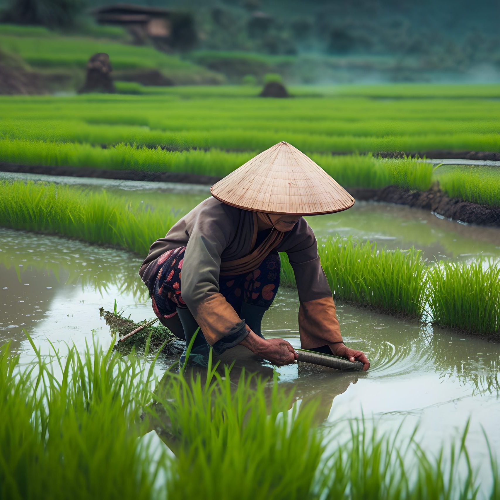 Terraced ricefield in water season. Local workers rural farmers planting rice seedlings on a plantation. Generative AI